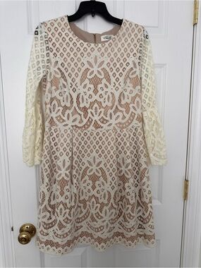 Champagne Gold and Cream Lace and Satin Dress w/Bell 3/4 Sleeves, Lined, Size 10
